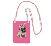 LfearTesa Petit sac à bandoulière pour téléphone portable, portefeuille, sac à main, sac à bandoulière, motif carlin avec nœud rose,Rose