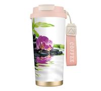 LfearTesa Tasse de voyage écologique en acier inoxydable 316, tasse à café murale avec cordon, bien-être asiatique avec pierres de massage zen, orchidée violette,Rose