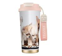 LfearTesa Tasse de voyage écologique en acier inoxydable 316, tasse à café murale avec cordon, motif 4 chiots chihuahua,Rose