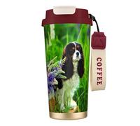LfearTesa Tasse de voyage écologique en acier inoxydable 316, tasse à café murale avec cordon, motif Cavalier King Charles Spaniel, fleurs de lupin,Rouge