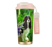 LfearTesa Tasse de voyage écologique en acier inoxydable 316, tasse à café murale avec cordon, motif Cavalier King Charles Spaniel, fleurs de lupin,Rose
