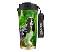 LfearTesa Tasse de voyage écologique en acier inoxydable 316, tasse à café murale avec cordon, motif Cavalier King Charles Spaniel, fleurs de lupin,Noir