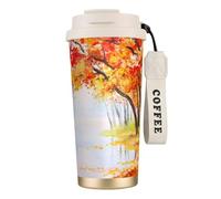 LfearTesa Tasse de voyage écologique en acier inoxydable 316, tasse à café murale avec cordon, motif feuilles d'oranger de la forêt d'automne,Blanc
