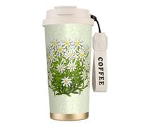 LfearTesa Tasse de voyage écologique en acier inoxydable 316, tasse à café murale avec cordon, motif fleurs d'edelweiss des montagnes suisses,Blanc