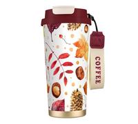 LfearTesa Tasse de voyage écologique en acier inoxydable 316, tasse à café murale avec cordon, motif feuille botanique d'automne,Rouge