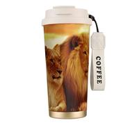 LfearTesa Tasse de voyage écologique en acier inoxydable 316, tasse à café murale avec cordon, motif lion et lionne d'Afrique,Blanc