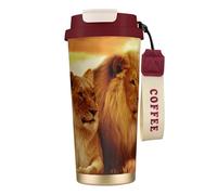 LfearTesa Tasse de voyage écologique en acier inoxydable 316, tasse à café murale avec cordon, motif lion et lionne d'Afrique,Rouge