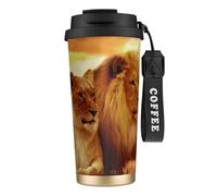 LfearTesa Tasse de voyage écologique en acier inoxydable 316, tasse à café murale avec cordon, motif lion et lionne d'Afrique,Noir