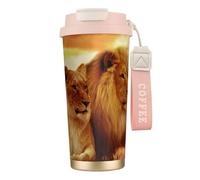 LfearTesa Tasse de voyage écologique en acier inoxydable 316, tasse à café murale avec cordon, motif lion et lionne d'Afrique,Rose