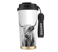 LfearTesa Tasse de voyage écologique en acier inoxydable 316, tasse à café murale avec cordon, portrait d'une vache des Highlands,Noir