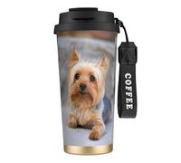 LfearTesa Tasse de voyage écologique en acier inoxydable 316, tasse à café murale avec cordon, portrait d'un Yorkshire Terrier miniature, photo de Yorkshire Terrier,Noir