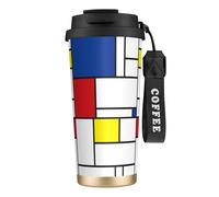 LfearTesa Tasse de voyage écologique en acier inoxydable 316, tasse à café murale avec cordon, style minimaliste Mondrian De Stijl, art moderne,Noir
