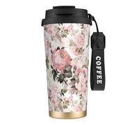 LfearTesa Tasse de voyage écologique en acier inoxydable 316, tasse à café murale avec cordon, style vintage shabby chic, motif roses roses sépia,Noir