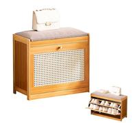 LFHWHKJ Banc de rangement à chaussures en bambou avec tiroirs rabattables et coussin de siège, tabouret d'entrée, banc à chaussures respirant, meuble à chaussures étroit autoportant for couloir, chamb