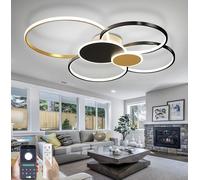 LFLA Plafonnier LED moderne Dimmable 6-ring Lampe de salon Plafonnier créatif avec télécommande Contro Encastré Grand éclairage intérieur pour chambre Salon Bureau (Noir & Or, 80cm,75W)