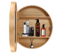 LFONDIGE Miroir de Maquillage Mural Rond pour Salle de Bain avec étagère de Rangement, Meuble de Rangement pour Salle de Bain avec Miroir Couleur Bois (50 cm)