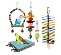 LfrXtra Ensemble de 5 modèles à mâcher pour oiseaux comprenant un perchoir en bois, une plate-forme de récurage, des boules en rotin, une ficelle pour cage