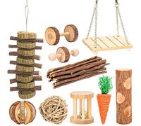 LfrXtra Lot de 10 jouets à mâcher en bois pour petits animaux - Rouleaux de nettoyage des dents - Bâtons - Balles - Balles - Balançoire - Pour lapins et hamsters