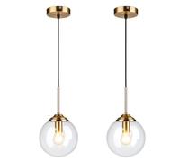 LFsem Suspension Dorée avec Globe en Verre de 15cm, Lampe Suspendue Industrielle Vintage E27 Lustre Simple pour Salle à manger, Chambre, Cuisine et Café (Transparent, Lot de 2)