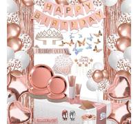 LFSTGN Lot de 214 décorations d'anniversaire pour femme, fournitures de décoration « Happy Birthday » en or rose - bannière, ballon, diadème, écharpe, vaisselle avec or rose pour 25 invités