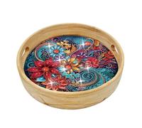 LFSX0828 DIY Diamond Painting Plateau de Service en Bois, Plateau de Petit Déjeuner Rond Diamond Art Kit, Plateau à Manger Diamond Art, Café Salon Home Organisateur (TP030 Flower 10IN)