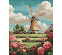 LFYNIORS Kit Point De Croix Estampillé Pré-Imprimé Moulin À Vent Rétro Et Paysage Floral 14Ct Diy Broderie À La Main Compté Adultes Pré-Imprimé cross stitch Debutant Starter 80x100cm