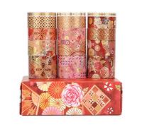 LGEGE Splendid Lot de 15 rouleaux de ruban Washi Tape adhésif doré et rouge, 30/20/15/5 mm de large, motif floral doré, ruban de masquage japonais décoratif pour scrapbooking, bullet journal (2 m)