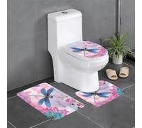 LGHHGY Lot de 3 tapis de salle de bain avec imprimé fleurs roses et libellules bleues - Tapis de sol en forme de U pour toilettes, baignoire, douche, coiffeuse avec capuchon de type O