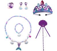 LGWJHCY Parure de bijoux 6 pièces pour enfants, accessoires de déguisement de princesse, couronne de princesse sirène, bracelet, baguette magique, collier, boucles d'oreilles, bague, pour fête