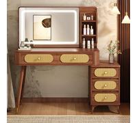 LGYWPA Coiffeuse avec Miroir à LED à 3 Couleurs et luminosité réglable, Coiffeuse pour Chambre à Coucher avec 4-5 Grands tiroirs, Bureau de Maquillage Moderne en Bois,100cm