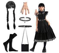 LGZIN Déguisement Mercredi Enfants, Costume de Mercredi Fille, Robe Mercredis Fille, Gothique Lolita Robe avec Perruque Ceinture Chaussettes Collier Sac Fake Hand pour Halloween Carnaval(130)
