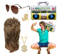 LGZIN Set Kit Déguisement Hip Hop, Kit de Costume Accessoires de Rappeur avec Perruque, Boîte Radio Gonflable, Collier Anneau en Or, Lunettes de Soleil, pour Soirées Concerts Rap Carnaval
