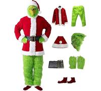 LHBM CostumeDe Père Noël 7Pièces,Ensemble De Costumes De Père Noël,Y Compris Le Masque Grinch Costume De Monstre Vert Pour Adultes,Costume De Fête De,Fête À Thème,PourCarnaval Cosplay L