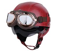 LHBM Rétro Casque Moto Demi-Jet Homologué Dot/ECE - Visière UV, Lunettes, Style Vintage en Cuir pour Scooter, Bike, Chopper, Moped - S=55-56cm