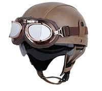 LHBM Rétro Casque Moto Demi-Jet Homologué Dot/ECE - Visière UV, Lunettes, Style Vintage en Cuir pour Scooter, Bike, Chopper, Moped - Taille XL (61-62cm)