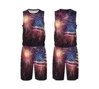 LHBWCVN Firework - Maillot de basket-ball 2 pièces pour homme - Drapeau américain - 4 juillet - Avec gilet de basket-ball, Noir/blanc, Large-5X-Large