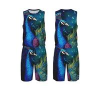 LHBWCVN Maillot de basket-ball coloré paon pour homme, uniforme de basket-ball 2 pièces avec gilet de basket-ball et short de sport, noir, 3XL/5XL