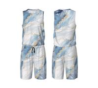 LHBWCVN Maillot de basket-ball en marbre blanc et bleu pour homme 2 pièces avec gilet de basket-ball et short de sport