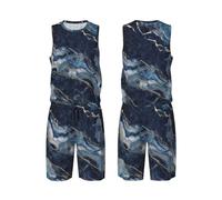 LHBWCVN Maillot de basket-ball mixte marbré bleu marine pour homme, uniforme de basket-ball 2 pièces avec gilet de basket-ball et short athlétique, Noir/blanc, Medium-5X-Large