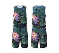 LHBWCVN Maillot de basket-ball motif fleurs et libellules pour homme 2 pièces avec gilet de basket-ball et short de sport, Noir, 3X-Large-5X-Large