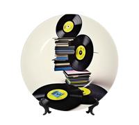LHBWCVN Plaques décoratives en céramique pour disques vinyles et rubans adhésifs - 17,8 cm - Assiette décorative personnalisée en porcelaine anglaise avec présentoir - Décoration murale à suspendre