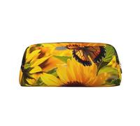 LHBWCVN Trousse à crayons de grande capacité en cuir avec motif tournesol et papillon pour homme et femme, trousse de toilette de voyage avec fermeture éclair, grande ouverture, porte-monnaie