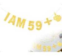 Lhbwhiz Guirlande 60e Anniversaire,I AM 59+1,Bannière Amusante pour 60e Anniversaire, Bannière Pailletée, Décorations de Fête pour Anniversaires de Mariage pour Femmes et Hommes (Doré)