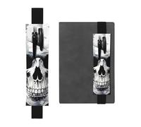 LHCVSFGW Porte-stylo élastique en cuir synthétique pour bloc-notes, marque-pages, avec bande réglable, pochette à stylos, motif tête de mort blanche et grise, trousse à crayons pour planificateurs