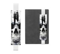 LHCVSFGW Porte-stylo élastique en cuir synthétique pour bloc-notes, marque-pages, avec bande réglable, pochette à stylos, motif tête de mort blanche et grise, trousse à crayons pour planificateurs