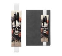 LHCVSFGW Porte-stylo élastique pour bloc-notes, marque-pages, porte-crayons en cuir synthétique avec bande réglable, pochette à stylos, motif tête de mort antique et fleurs, trousse à crayons pour
