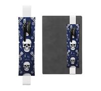 LHCVSFGW Porte-stylo élastique pour bloc-notes, marque-pages, porte-crayons en cuir synthétique avec bande réglable, pochette à stylos, pochette bleue tête de mort et os, trousse à crayons pour