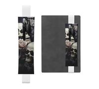 LHCVSFGW Porte-stylo élastique pour bloc-notes, marque-pages, porte-crayons en cuir synthétique avec bande réglable, pochette à stylos, fleurs noires et blanches et tête de mort, trousse à crayons