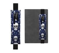 LHCVSFGW Porte-stylo élastique pour bloc-notes, marque-pages, porte-crayons en cuir synthétique avec bande réglable, pochette à stylos, pochette bleue tête de mort et os, trousse à crayons pour