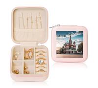 LHDGBNV Boîte à bijoux de voyage en cuir avec motif carré rouge de la cathédrale Saint-Basile de Moscou - Petit organisateur de bijoux pour femmes, bagues, colliers, cadeaux - Rose